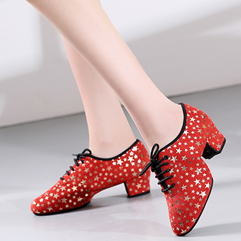 广场拉丁舞教师鞋女真皮广场舞舞鞋软底红色满天星拉丁舞鞋