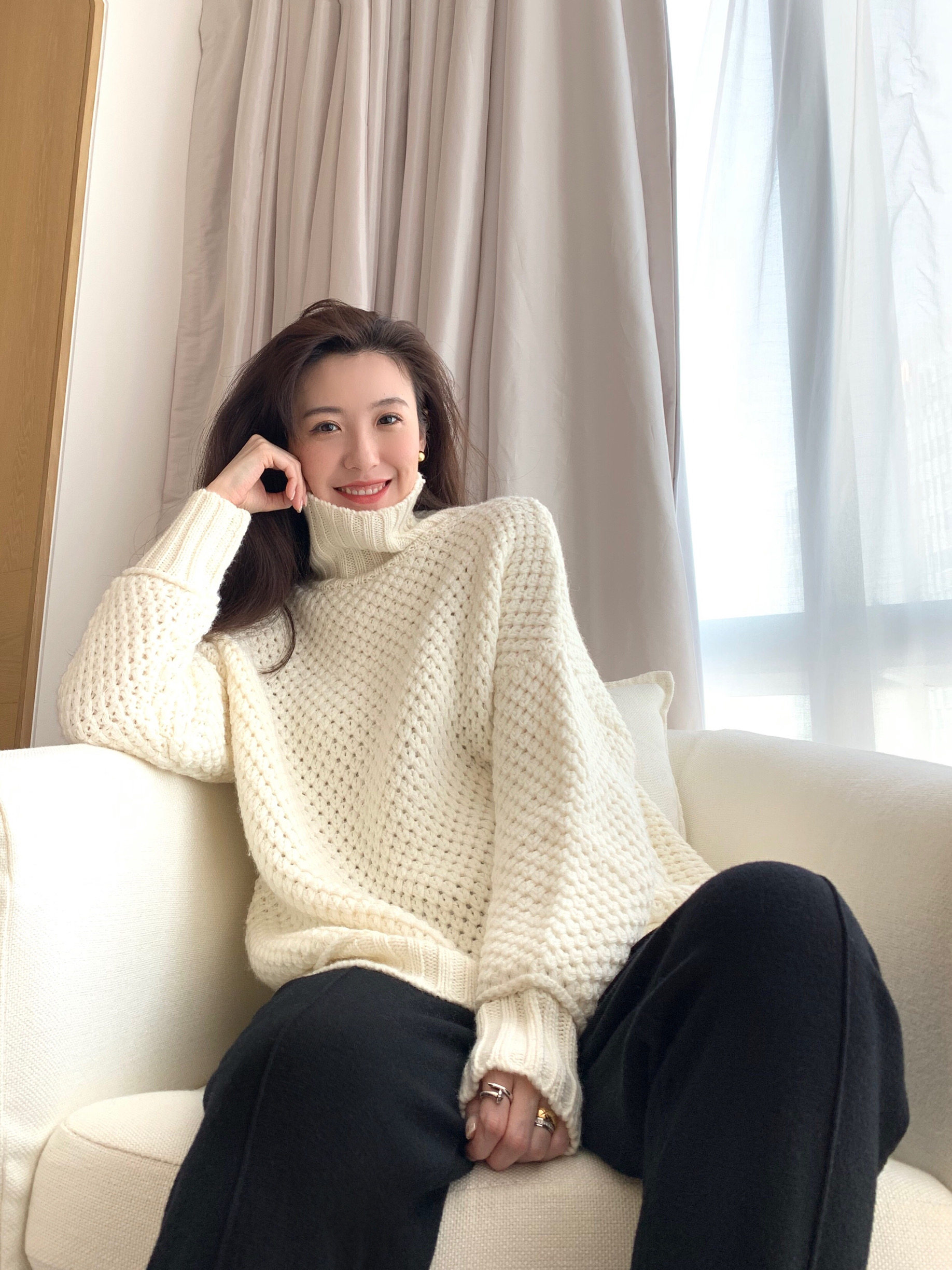 welling华夫格高领粗棒针乳白色羊毛毛衣毛针织衫