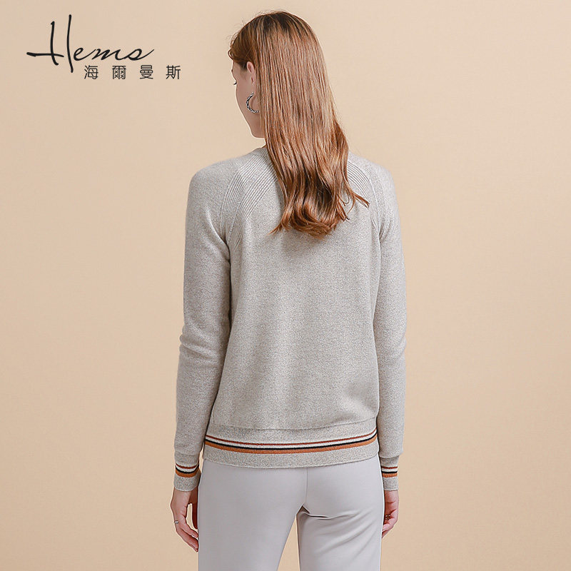 海尔曼斯2020秋冬女装圆领长袖羊绒衫打底衫时尚针织衫毛衣百搭