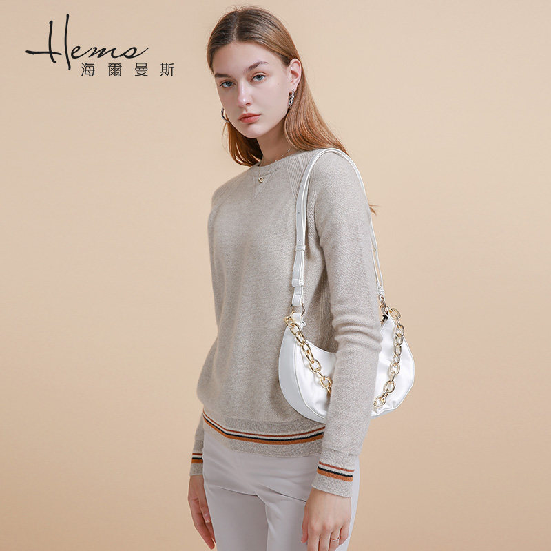 海尔曼斯2020秋冬女装圆领长袖羊绒衫打底衫时尚针织衫毛衣百搭