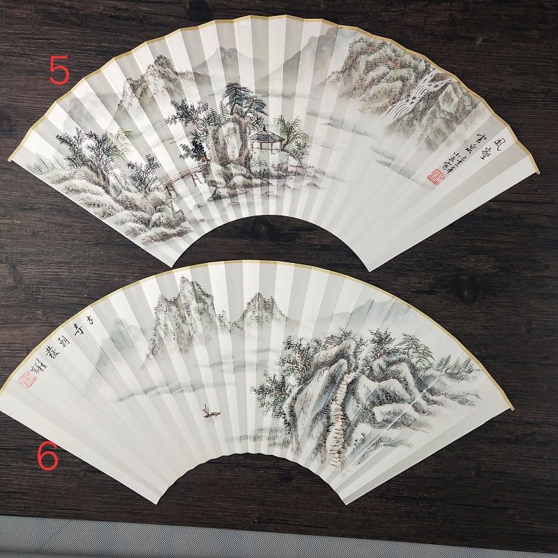 扇面手绘水墨淡彩山水国画书法9寸扇子