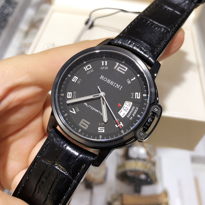 正品罗西尼手表机械表勋章系列皮带黑色表盘夜光国产腕表