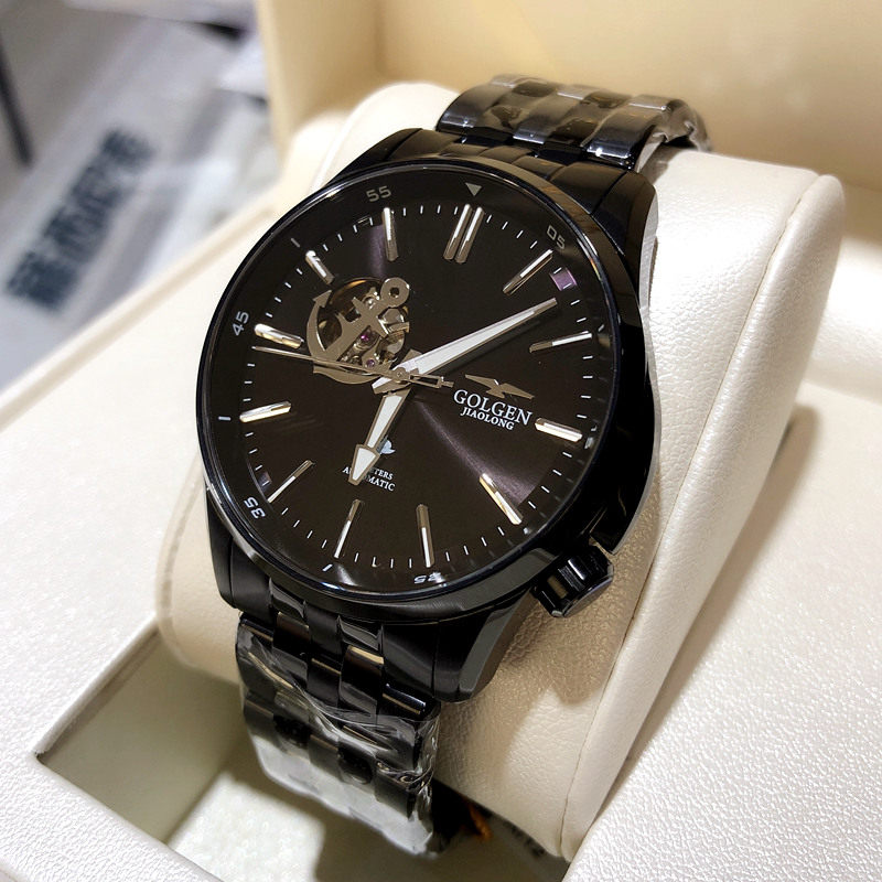正品古尊蛟龙号手手表黑色精钢镂空夜光机械表国产腕表