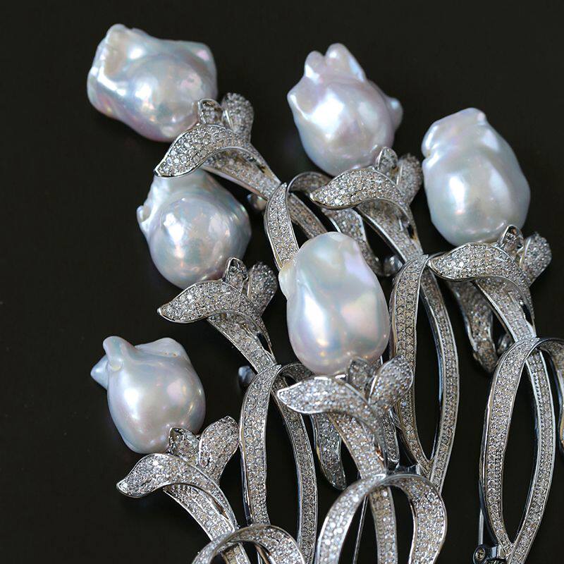 tujewelry优雅巴洛克珍珠郁金香胸针高级精致大衣胸针