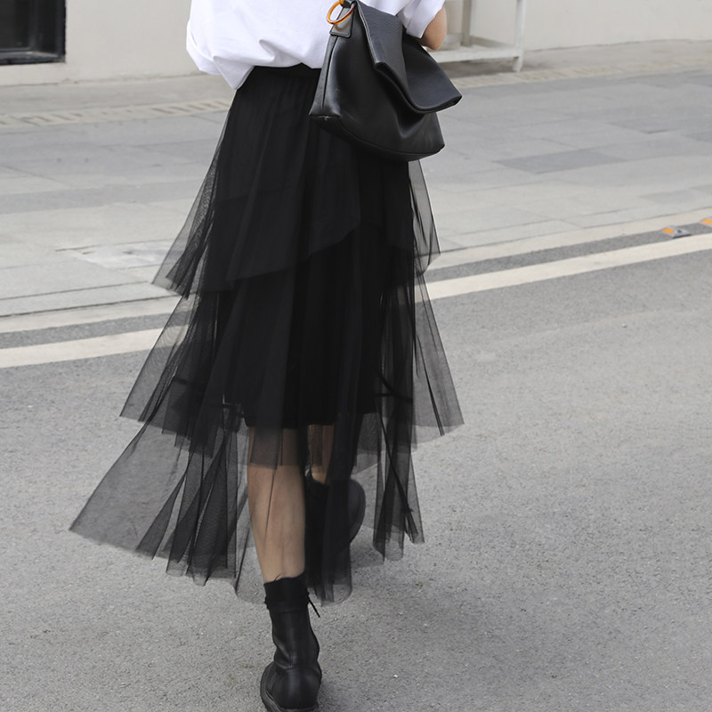 黑色纱裙2021年春夏季新款字裙中长半身裙女不规则半身裙