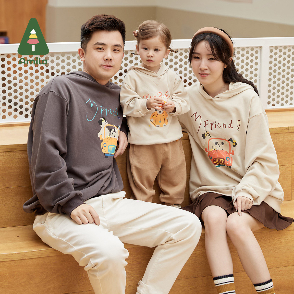amila兄妹母女父子四口卡通一家新款春秋2022亲子装