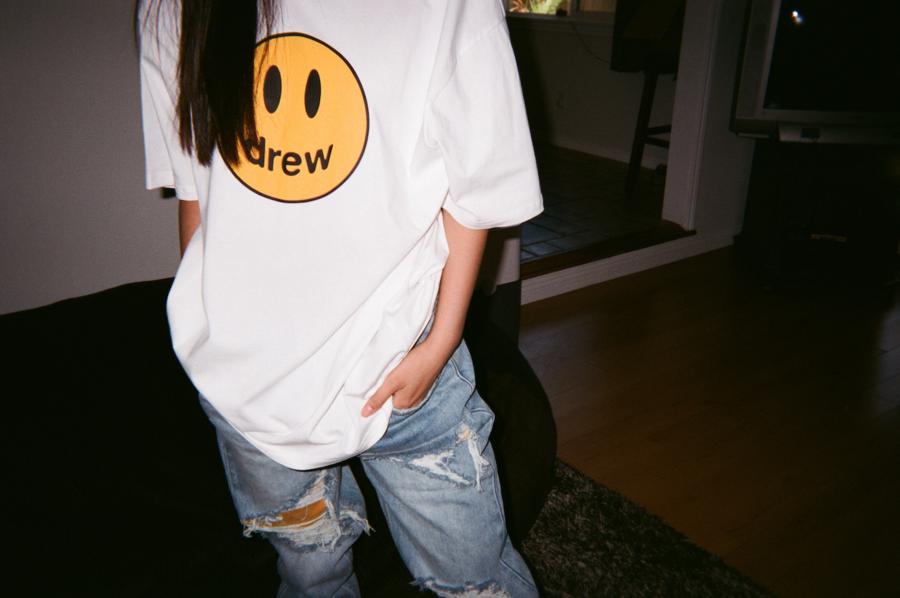 drew现货白色笑脸短袖贾斯汀比伯同款美潮潮牌情侣t恤