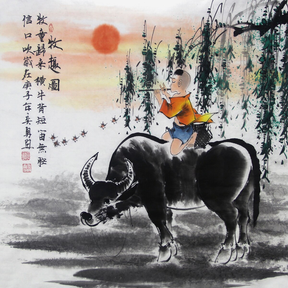 手绘国画牧趣装饰画书房玄关牧牛童子人物真迹国画