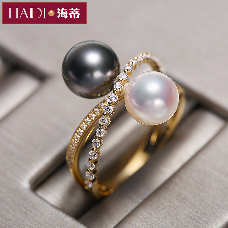 海蒂珠宝星轮大溪地黑珍珠海水戒指大溪地黑珠akoya海水珍珠18k金