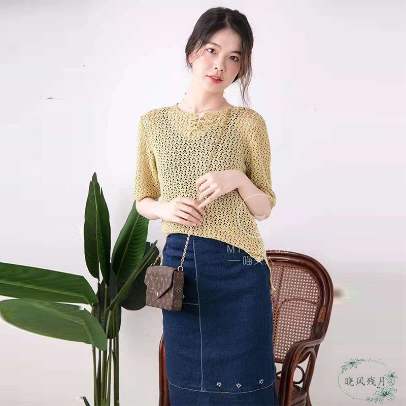 夫人夏至中式短袖上衣真丝丝线编织材料毛线
