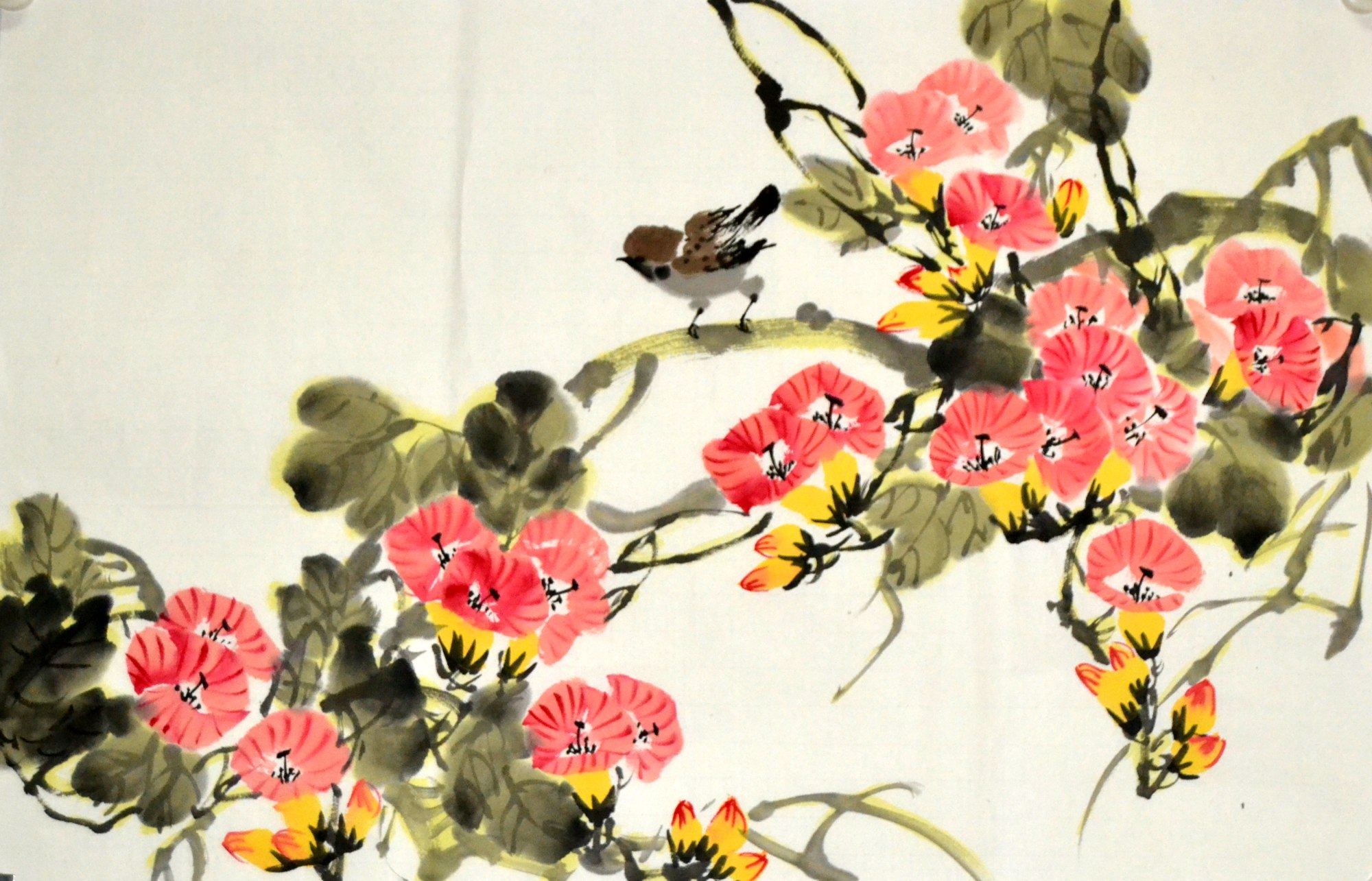 国画横幅无框未裱客厅装饰手绘蜜蜂三开花鸟国画