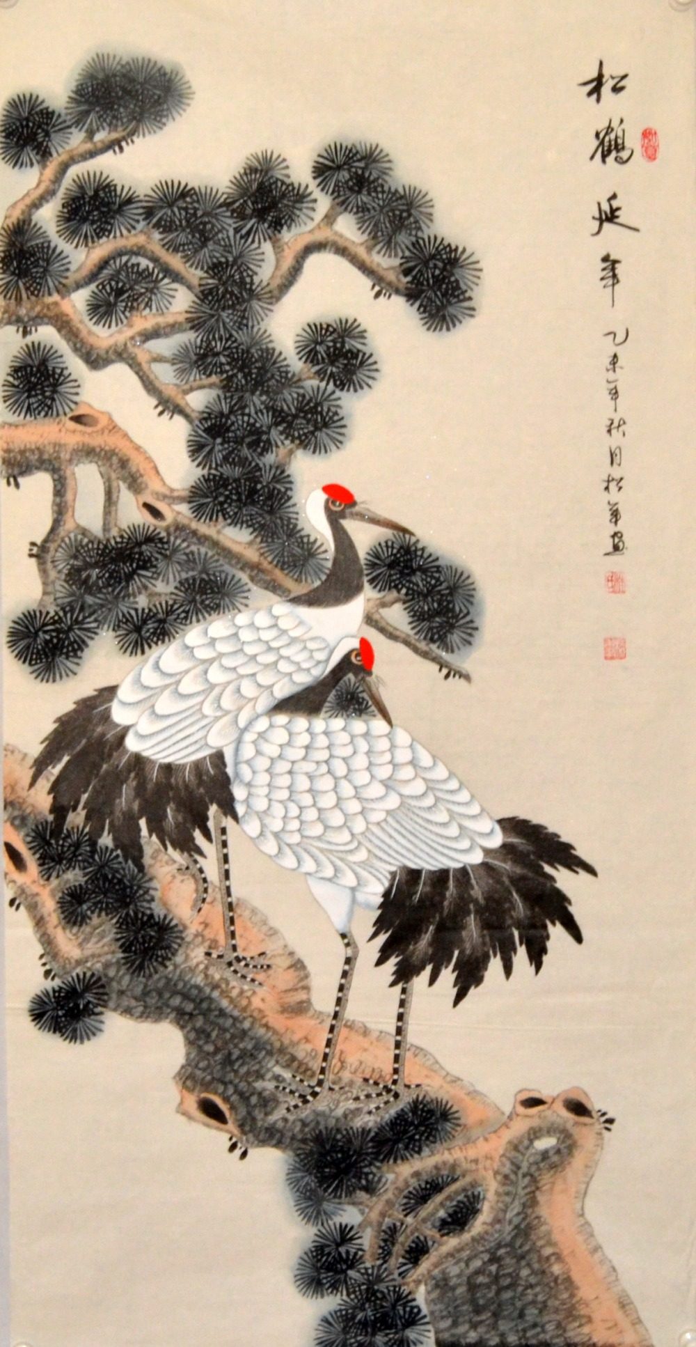 送礼松鹤山水老人手绘贺寿松年字画国画延年国画