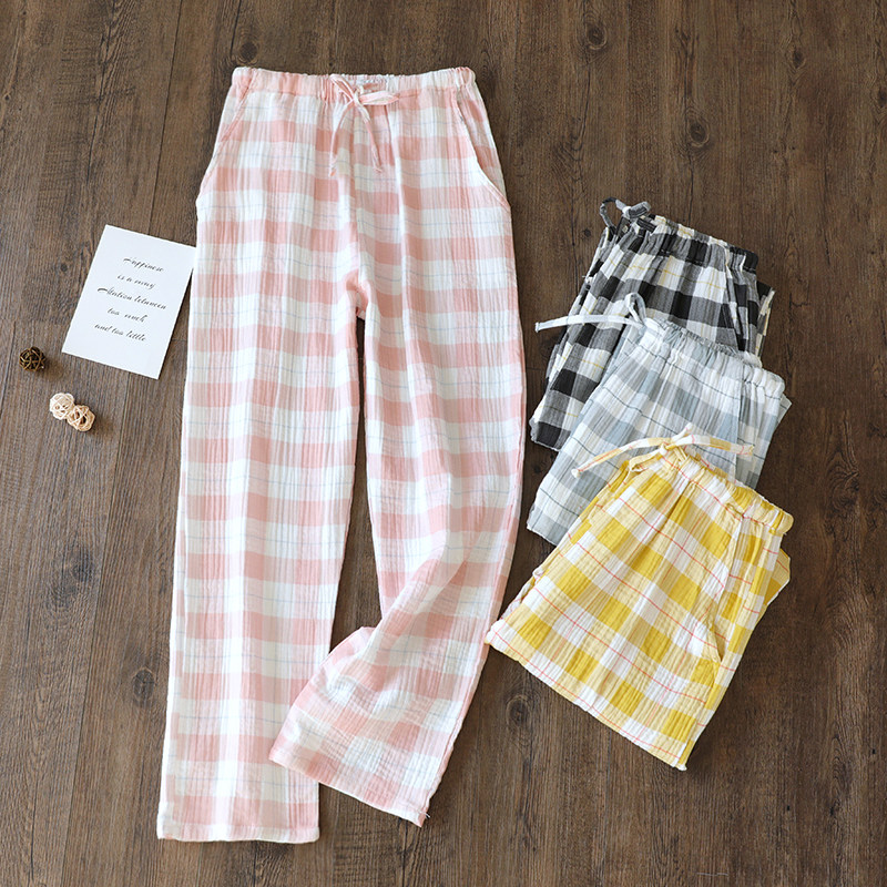 情侣格子睡裤纯棉纱布春夏季薄款男士家居长裤睡裤