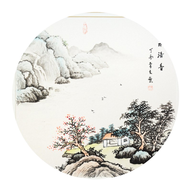 圆形山水画手绘装饰挂画斗方水墨国画客厅壁画国画