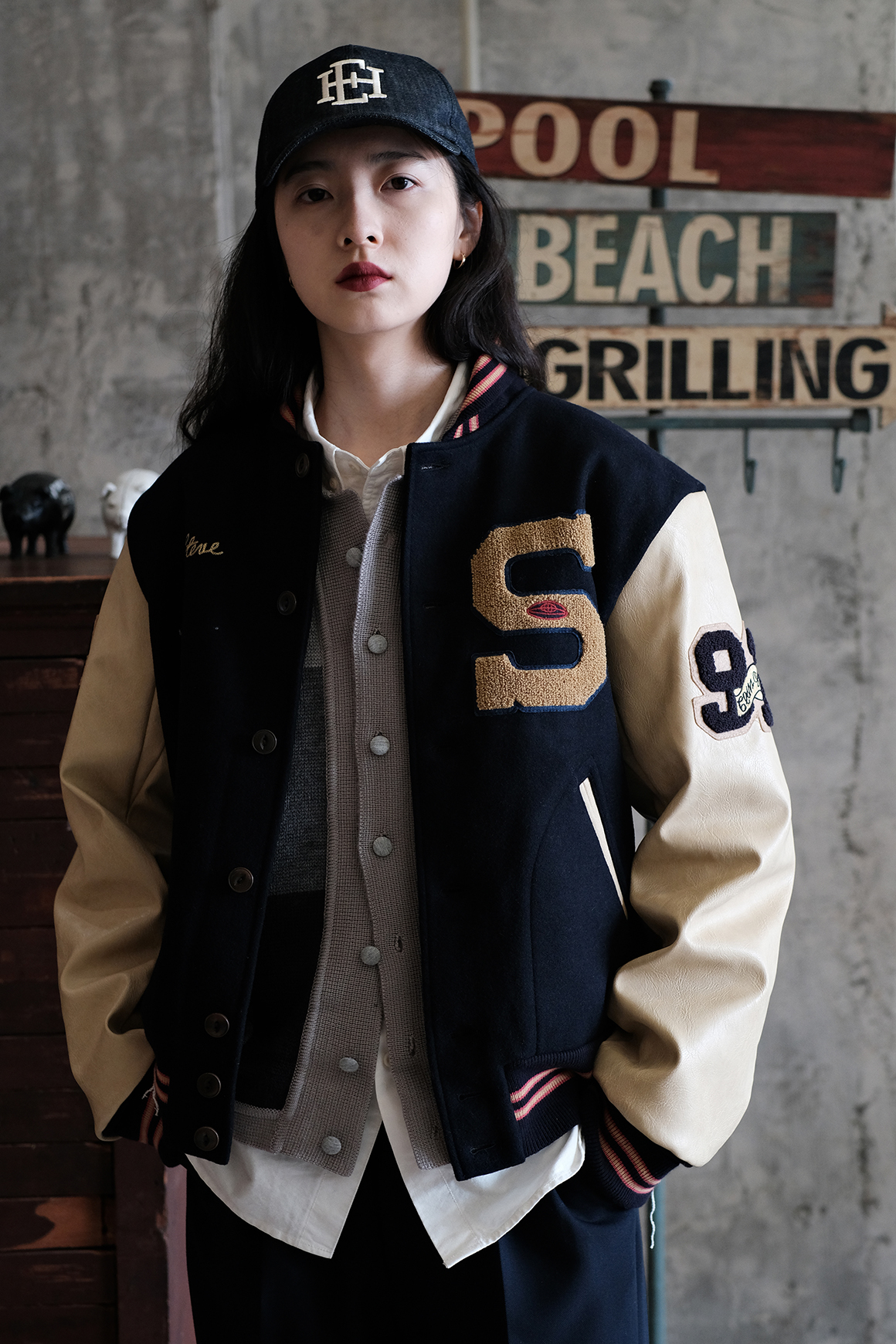 Labour union常春藤重磅拼皮羊毛棒球夹克lvy刺绣字母LU548