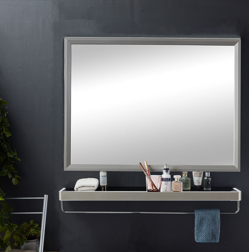 普通卫浴卫生间镜子置物架轻奢银色不锈钢包边浴室浴室镜