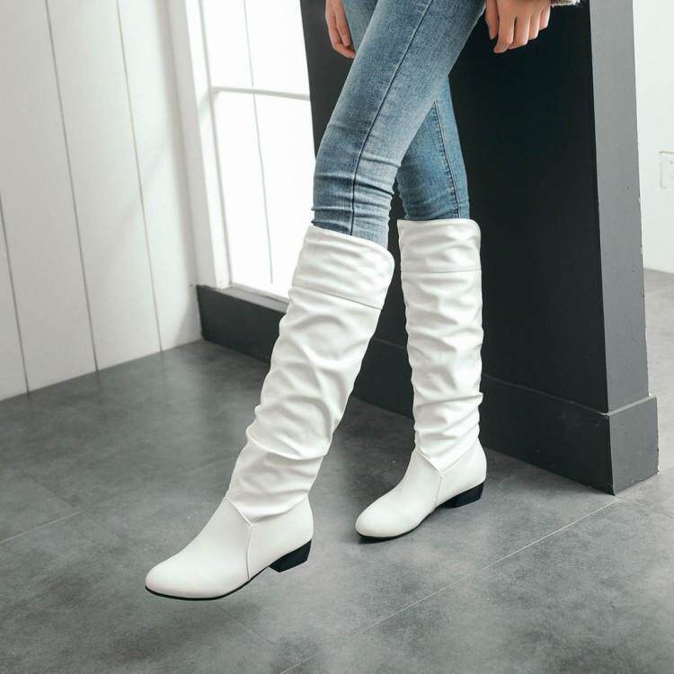 春秋新款 韩版 白色长靴女软面皮平底高筒靴子马丁单靴舞蹈40414243