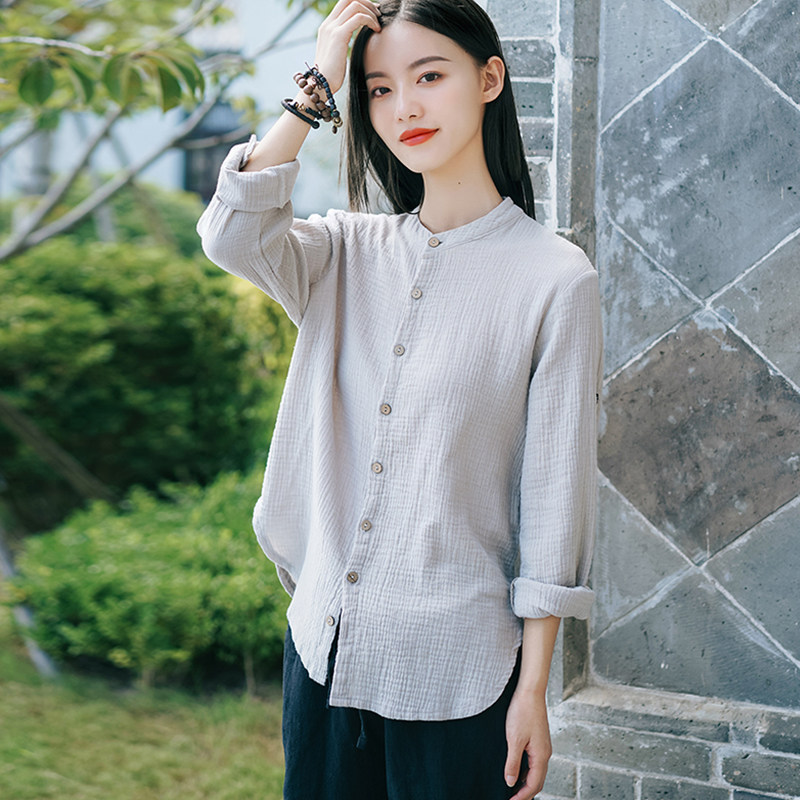 女秋季新品棉麻复古文艺上衣白衬衫双层棉纱立领长袖内搭显瘦衬衣