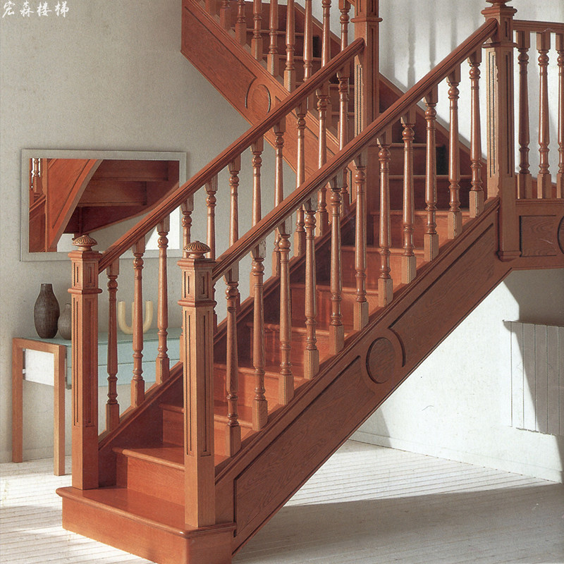 定制中式花格整体实木楼梯木扶手立柱栏杆别墅跃层复式阁楼踏步板