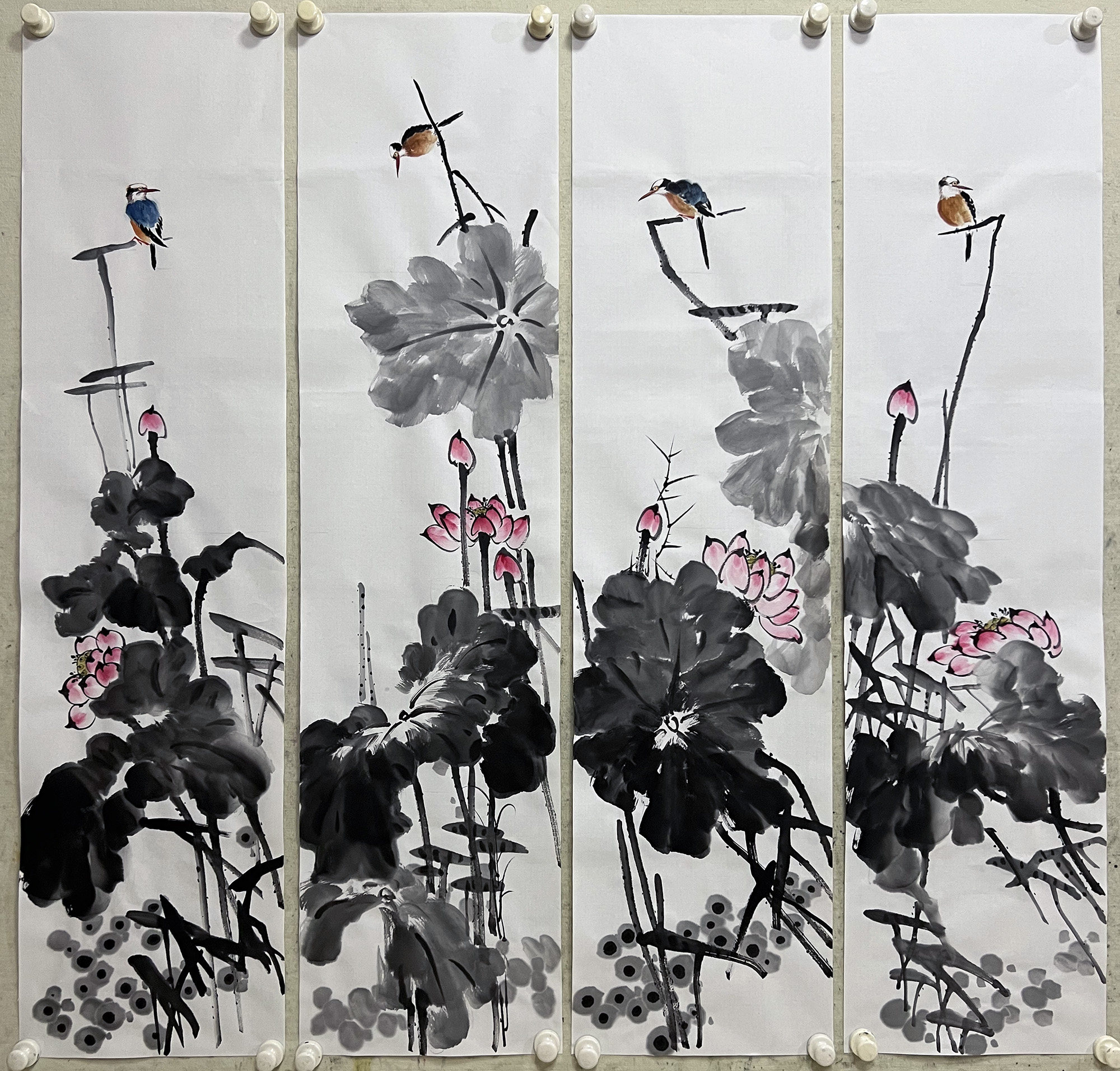 荷花定制花鸟画写意手绘无款组画四联四条对开国画