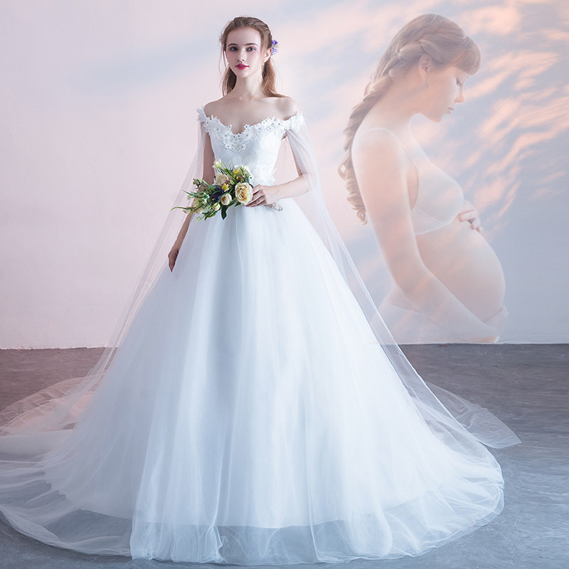 孕妇婚纱礼服2020新款高腰遮孕肚一字肩新娘结婚拖尾梦幻轻婚纱秋