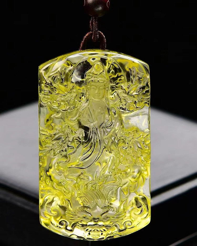 天然巴西黄水晶雕刻五龙观音菩萨吊坠项链挂件颈饰