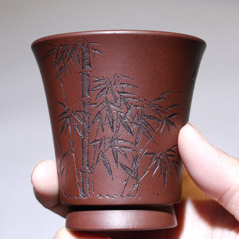 宜兴原矿紫砂品茗名家纯全手工刻绘竹子山水茶杯