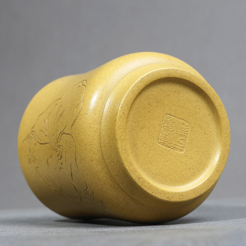 宜兴紫砂杯纯全手工刻绘弥勒佛主人杯原矿黄金段泥如是杯大品茗杯