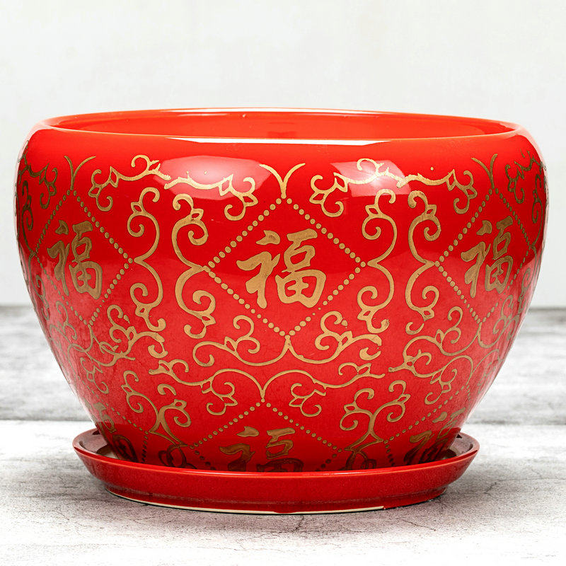 中国国风桌面花盆陶瓷绿植透气吸水花卉红色花盆