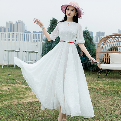 雪纺连衣裙女2021夏季新款显瘦收腰气质长款大摆裙很仙的白色长裙