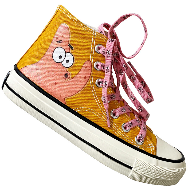 ulzzang高帮海绵宝宝帆布鞋鸳鸯手绘涂鸦女鞋2021帆布鞋