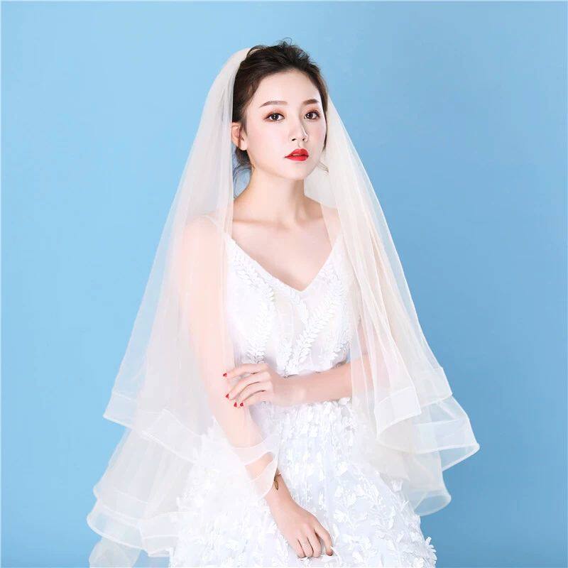 香槟色3米宽带发梳双层韩式短款遮面新娘头纱头纱