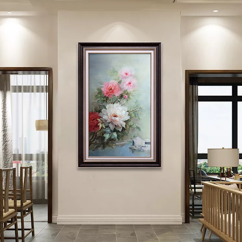 富贵牡丹手绘油画入户玄关吉祥吉祥花花卉装饰画油画