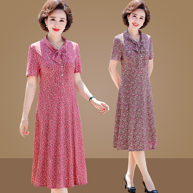 中老年女夏装连衣裙高弹力50岁中年妈妈夏季短袖宽松碎花过膝长裙