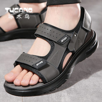 Woodpecker Sandals Men's 2024 Summer New Beach Shoes Men's Genuine Leather Air Cushion Soft Sole Sandals Versatile Sandals and Slippers