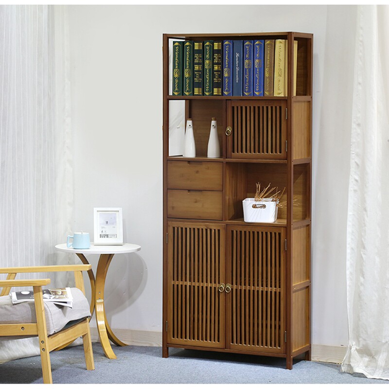 楠竹简约创意书柜现代落地书架实木置物架抽屉单个书柜