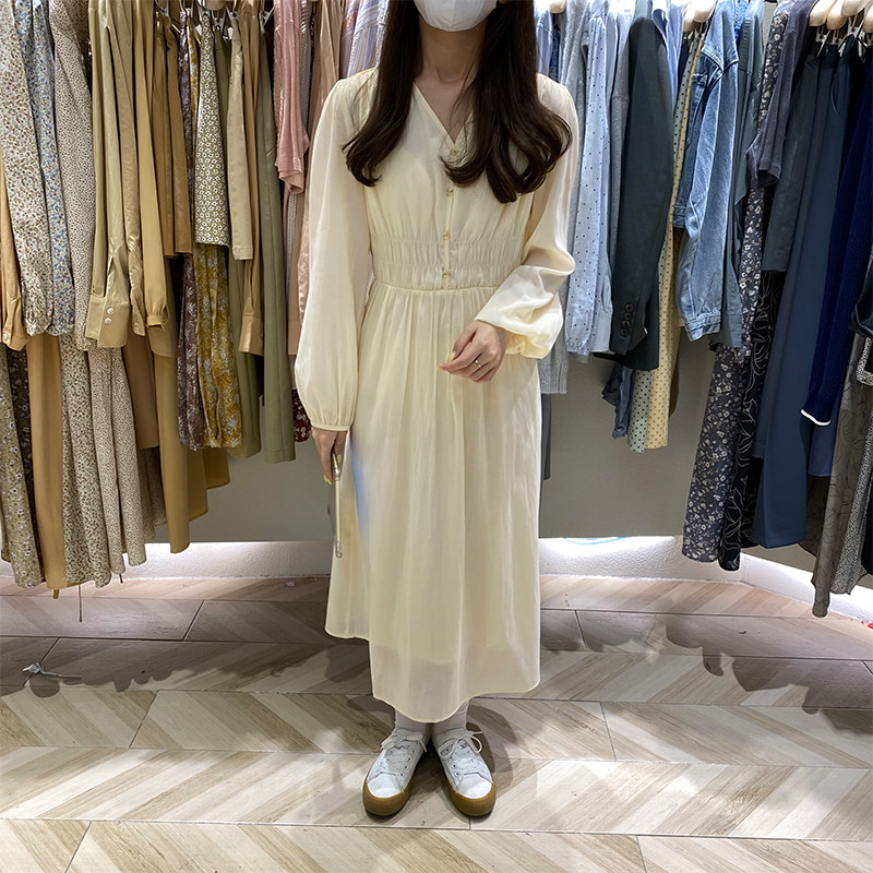 allo2021纯色实拍女装连衣裙优雅气质高腰春夏季单排连衣裙