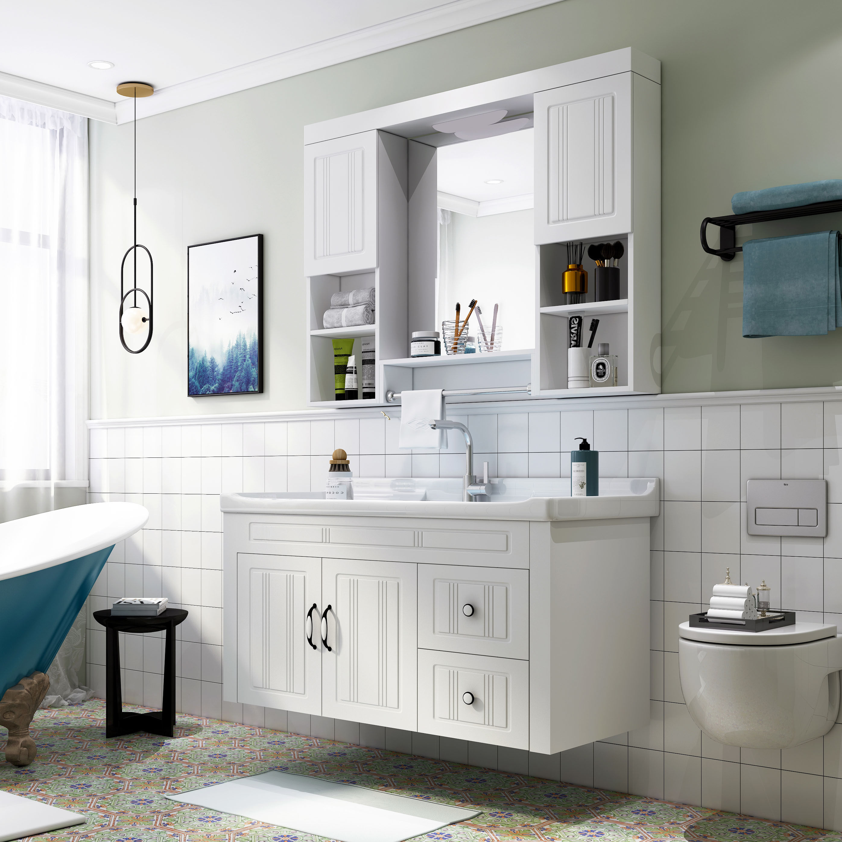 大理石浴室柜组合落地式小户户型洗脸台盆轻奢卫生间浴室柜组合