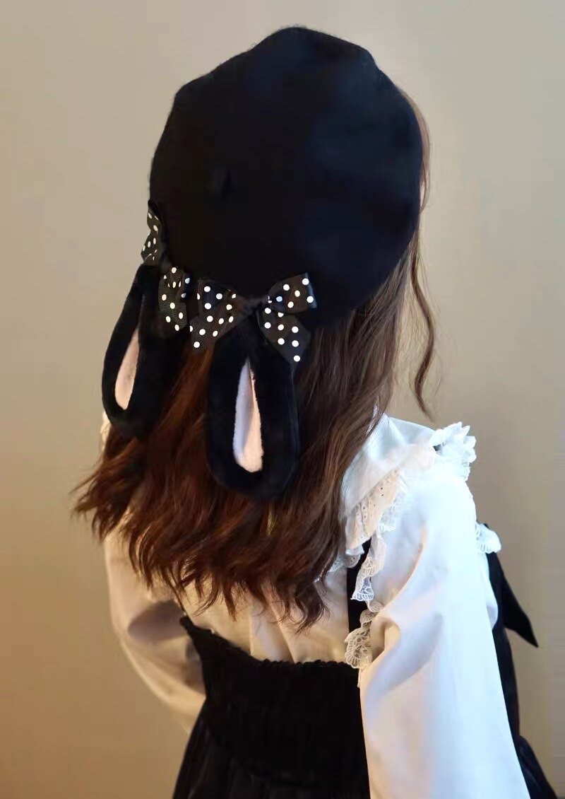 本守原创手工兔耳朵垂耳兔兔子黑色贝雷帽日系软妹帽子