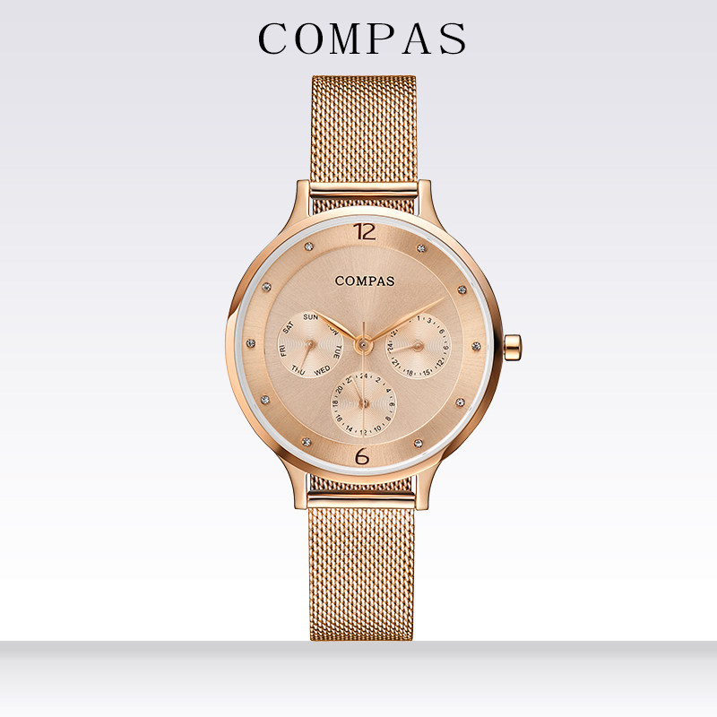 康巴丝女士石英手表全钢钢带新简约日历星期气质国产腕表