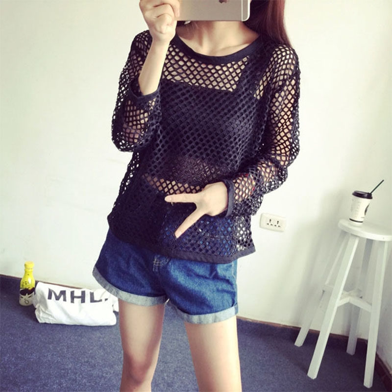 黑色休闲女装大码衣服女内宽松渔网上衣透肉蕾丝衫