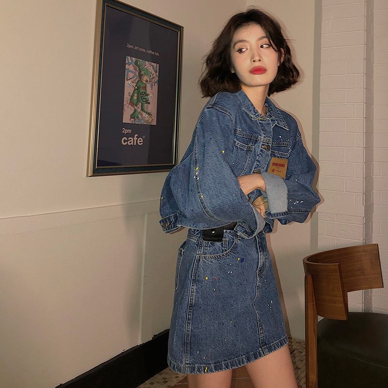 吵吵家 蓝色套装女春装秋季新短款牛仔外套显瘦半身裙两件套潮J