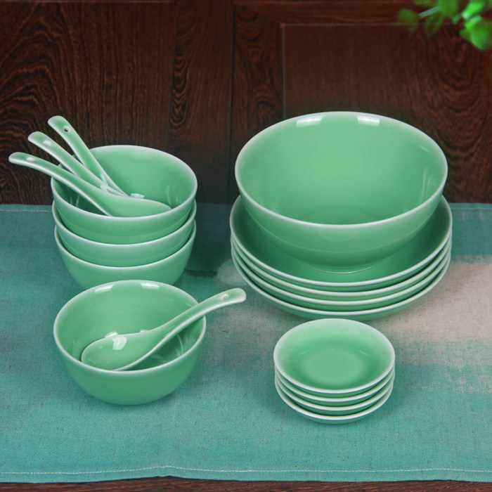 套装包邮碗龙泉青瓷月亮餐具四人家用餐具瓷器套装
