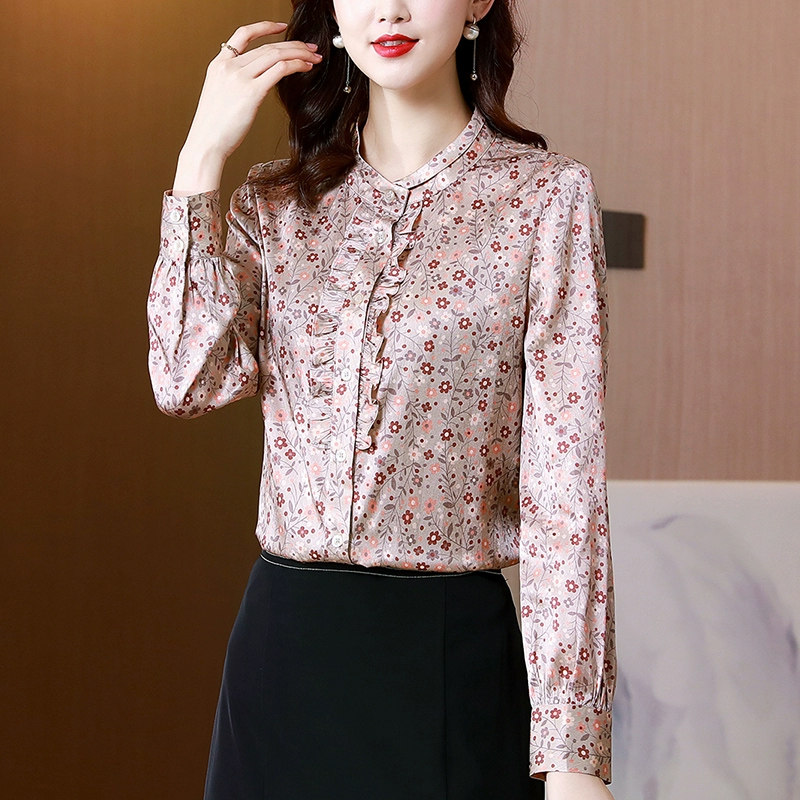 贵妇人真丝桑蚕蚕丝长袖妈妈衬衫女装国际品牌上衣衬衫