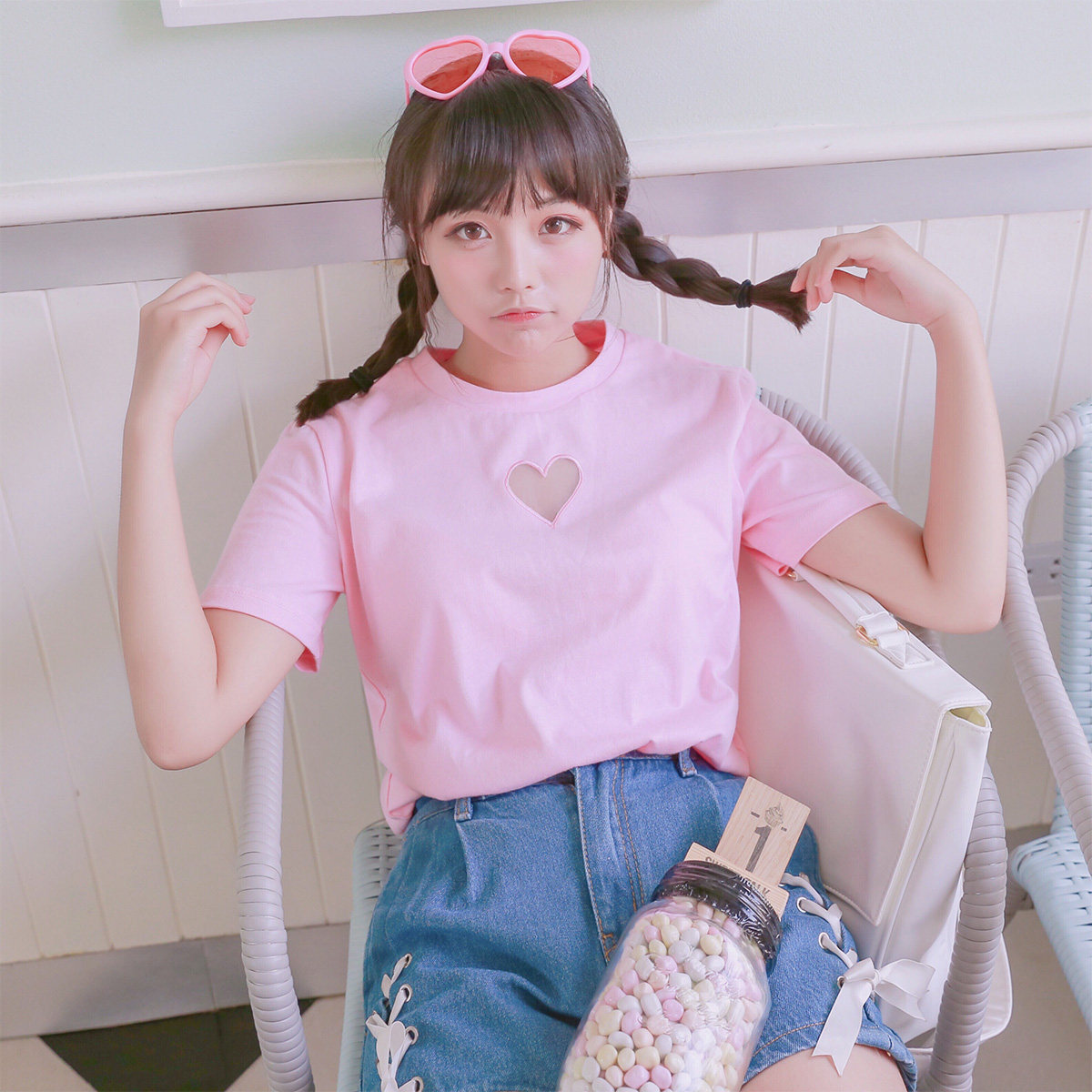 宋黛conybabe日系甜美糖果色可爱心镂空纯棉圆领短袖打底t恤少女