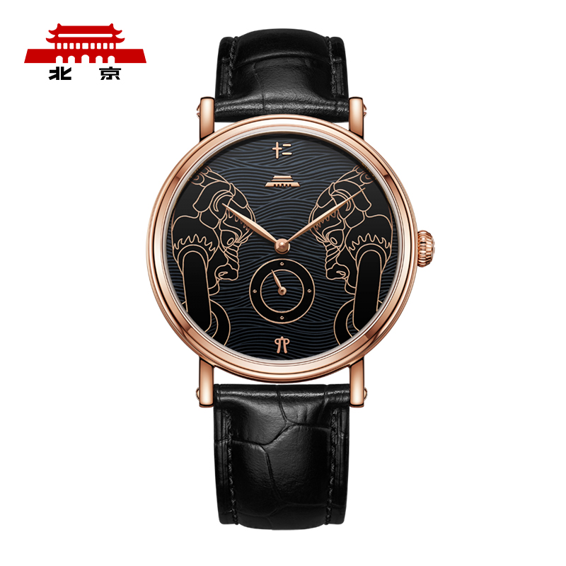 北京手表官方正品18Kk玫瑰金表壳牛皮表带珐琅雕刻表盘自动机械表