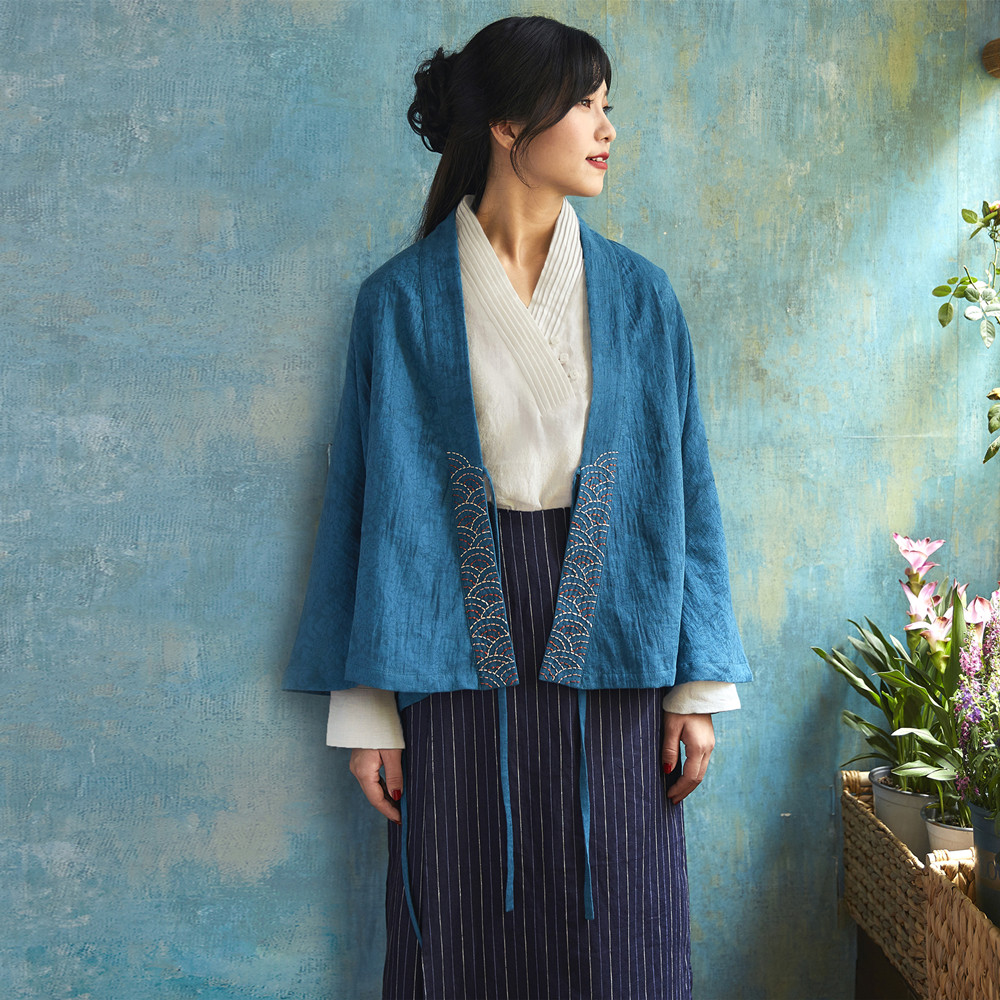 华果初见汉服衬衫天然亚麻汉风翻袖中式上衣上衣