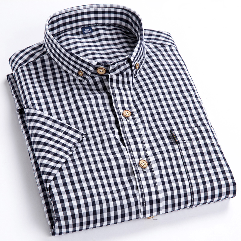 夏天短袖衬衫男士经典黑白格子纯棉衬衣修身流行中青年冰凉上衣潮