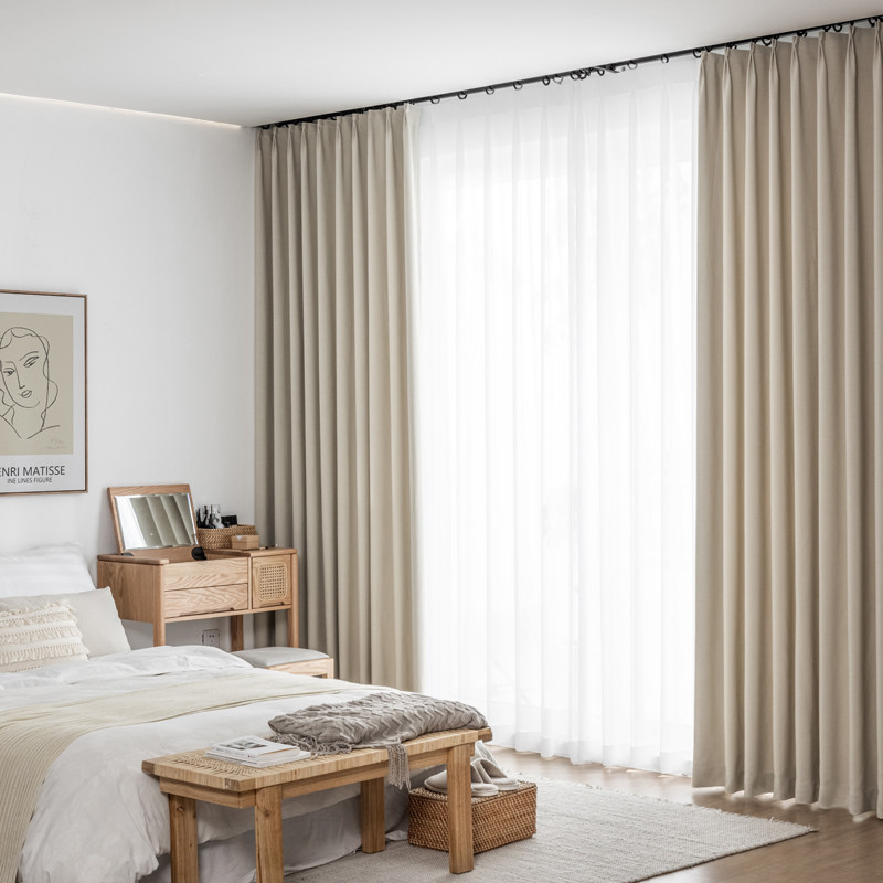 2021年新款北欧日式细麻高温定型窗帘遮光纯色定制窗帘