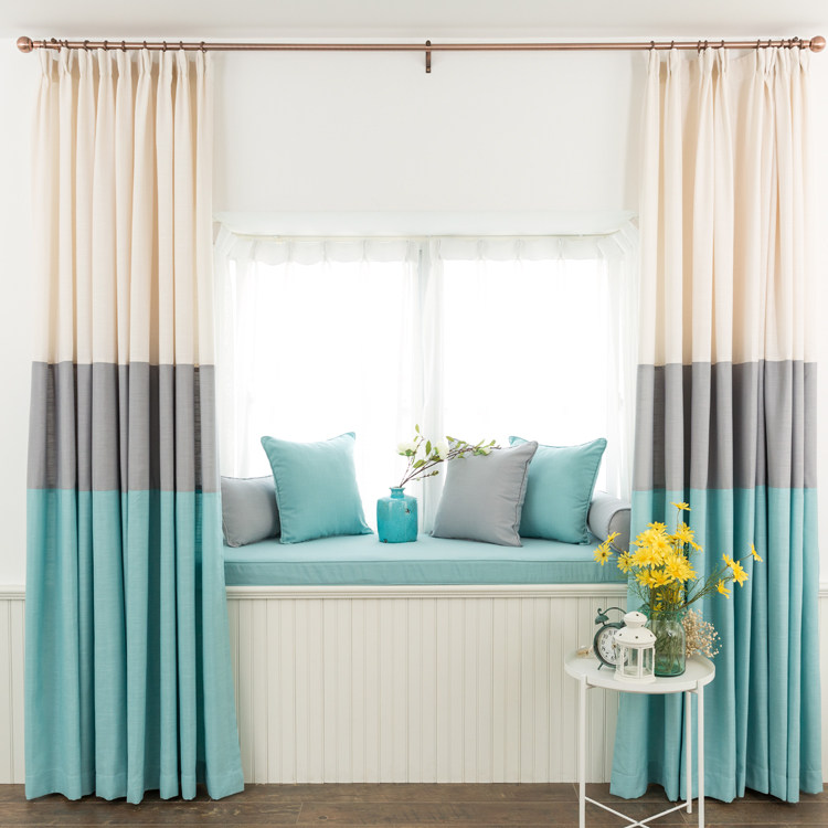 撞色show 北欧清新简约风棉麻三色拼接 卧室客厅飘窗窗帘